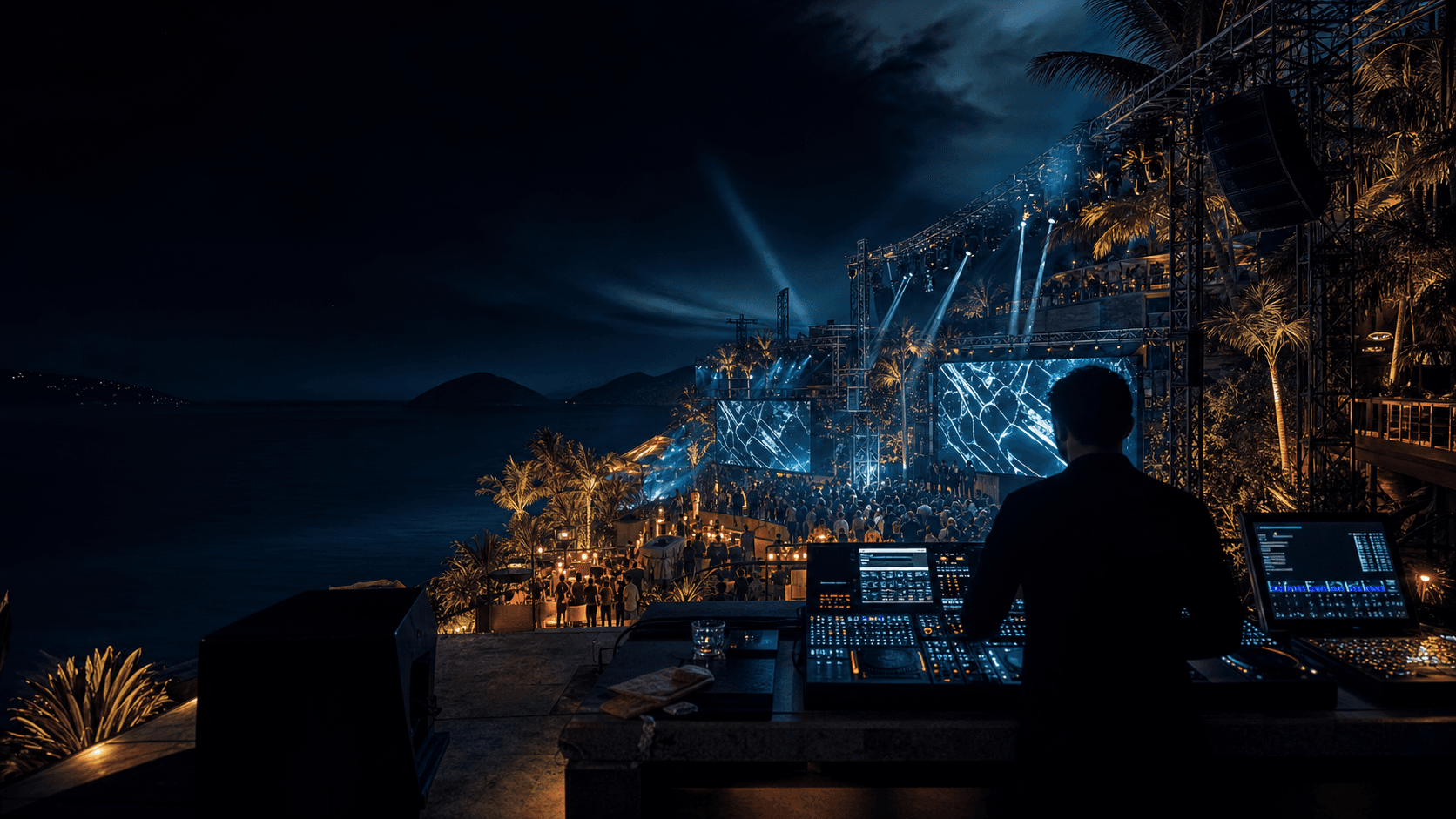 Island event production with sound, lighting, and crowd energy.