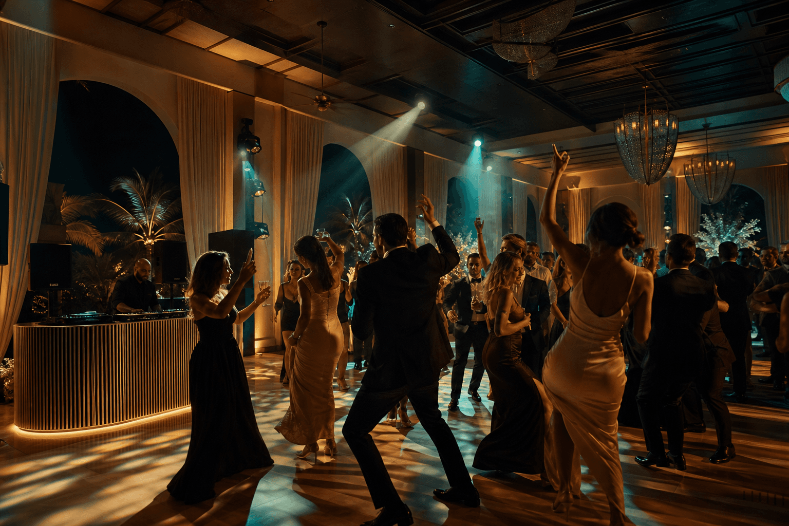 Black-tie guests dancing in a refined island ballroom with professional DJ production.