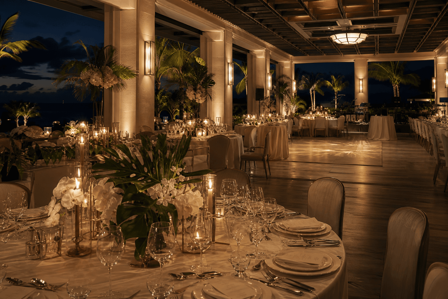 Candlelit reception in a refined open-air island ballroom.